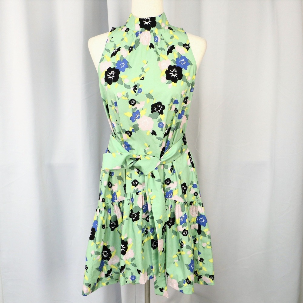 Pearl by Lela Rose Floral Cotton Halter Belted Dress XS Green Feminine Romantic - Picture 2 of 14